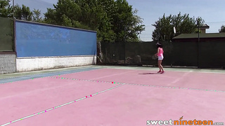 Petite teen playing wit her little tits and jerking off wet pussy