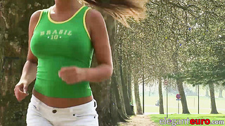 Eurobabe with big boobs taken and fucked hard by two studs