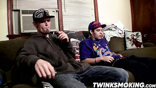 Sexy twinks Drac and Nolan jerking off while smoking cigars