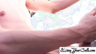 SwingYourBalls.com - Twink with big nuts and strong cock masturbates in back yard