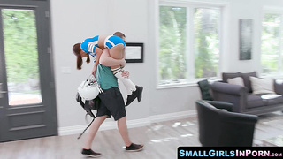 SmallGirlsInPorn.com - Petite brunette filled with quarterback's thick cum