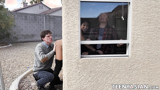 Delivery girl Ember Snow roughly fucked in a threeway session with lustful Jay Romero and Rion King