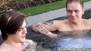 Naughty Theodora Day corrupts her innocent friend Coco Lovelock into fucking her stepbro