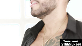 Attractive stud Bastian Karim overcomes two throbbing cocks plowing him