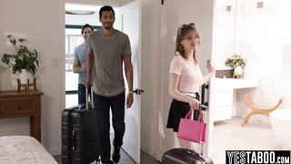 Tiny teen threesome with BBC BF and host