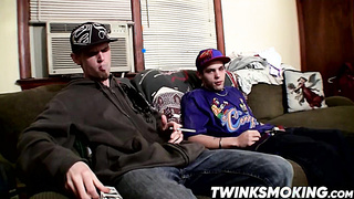 Drac and Nolan smoking and wanking their yam-sized boners for cum