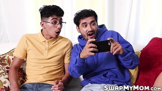 Stepmoms Mellanie Monroe and Ms Visual scold their stepsons and penetrate them