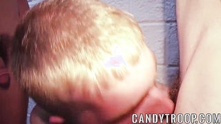 Blondie soldier deep throating fat dicks before gang masturbating off