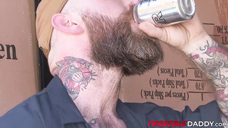 Steamy bearded hairy man Donnie Argento gullet packed with torrid jizm
