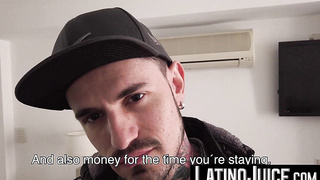 Super-naughty fellow Gael grips tattooed Kendros gigantic pecker and tongues it like dessert