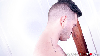 Handsome Alejandro Marquez flashed off his elastic backside while wanking his gigantic uncircumcised dick