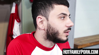 HotFamilyPorn.com - Step-dad kneads my thick prick in gym locker guest room before sans a condom