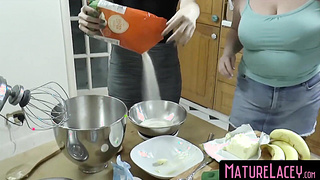 MatureLacey.com - Giant fun bags GILF's voluptuous banging of junior dame in kitchen