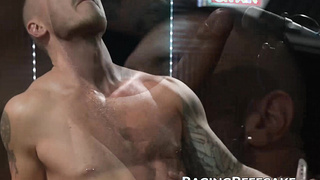 Tattooed grizzly Derek Kage gobbles and deep throats jock Coles cock-squeezing fuck-hole