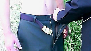 Military lad cummed on after butt penetrating outdoor sesh