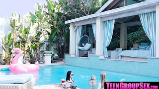 TeenGroupSex.com - Girl-girl pool 3some with mischievous small teenager tarts
