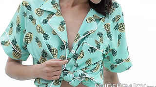 Sequined lingerie is taken off by a jaw-dropping dark haired Sade Mare in the poolside