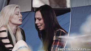 Brown-haired Aidra Fox fingerblasted and tongued the slick labia of blond Charlotte Stokely inwards the tent