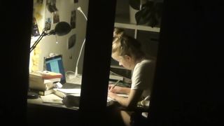 Spy lovely teenager with covert web cam getting off after homework