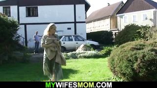 Doggy Style smashing aged blond mommy-in-law outdoors