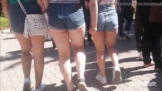 three Nubiles In Brief Cutoffs - two Cheek Glimpses