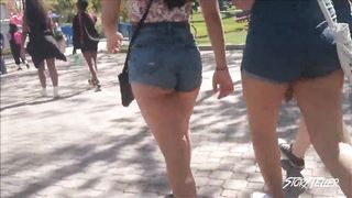 three Nubiles In Brief Cutoffs - two Cheek Glimpses