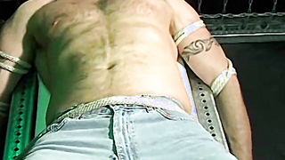 Bigg Pete is tied with his neck and gullet being tied with a leather wire