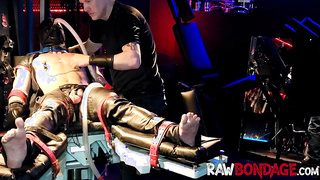 Sweat-soaked jock sole eating and throating in wet restrain bondage