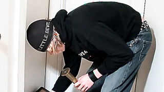 Fine looking lad strokes after probing stroking machine