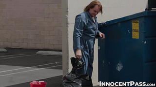 Puny cheerleader Olivia Lua gets slammed in the locker bedroom by janitor Evan Stone