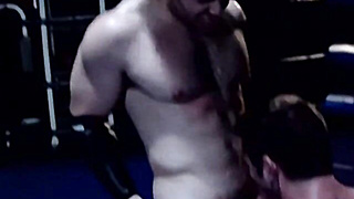 Rojer Beaumont knelt to blow on the huge dick of Bryce while draining his boner