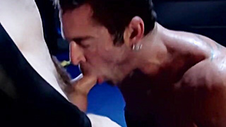 Rojer Beaumont knelt to blow on the huge dick of Bryce while draining his boner