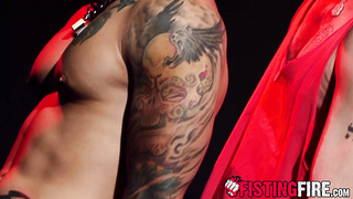 Bulky Tony Buff roped up his playmate with a strap while taunting him to climax