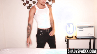 Platinum-blonde honey Jill gargles and strokes her customers chisel dry