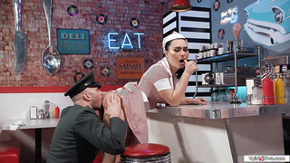 Tgirl waitress Ember Fiera ass fucking in diner
