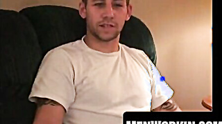 Inked stud masturbates his fleshy beefstick and spews