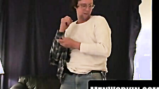 Glasses boy plays with his spear and ball sack solo