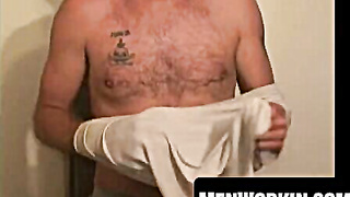 Wooly old shirtlifter smokes while tugging and spewing out