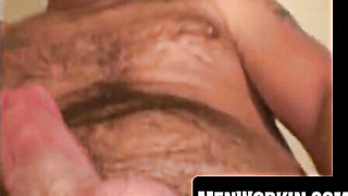 Wooly old shirtlifter smokes while tugging and spewing out