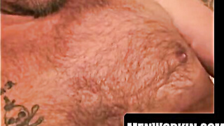 Wooly old shirtlifter smokes while tugging and spewing out