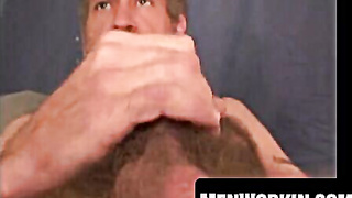 Wooly mature guy faps off till explosive ejaculation