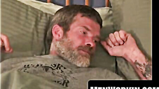 Bearded employee masturbates torrid jizz from his massive knob