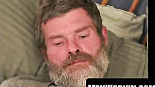 Bearded employee masturbates torrid jizz from his massive knob