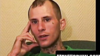 Inked amateur plays with his spear and spunks