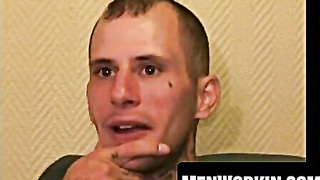 Inked amateur plays with his spear and spunks