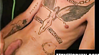 Inked amateur plays with his spear and spunks