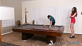 Elena Koshka Drilling In The Pool Table With Her Undergarments