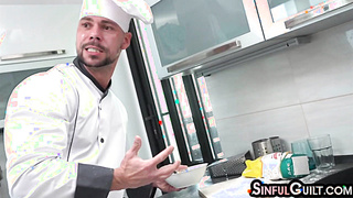 SINFULGUILT - Bigtit cutie deepthroating chefs pecker then dickrides in kitchen