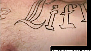Tatted bum chum plays with fur covered spear till he pops