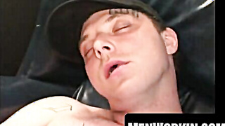 Tatted bum chum plays with fur covered spear till he pops